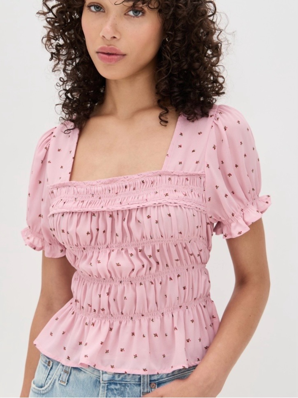 NEW Free People Adore You Blouse Smocked Square-Neck Peplum Floral Pink Top Sz.M